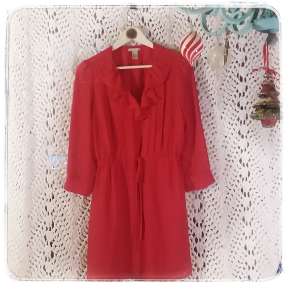 Semi-Sheer  3/4 Sleeve Red Dress - Picture 2 of 5